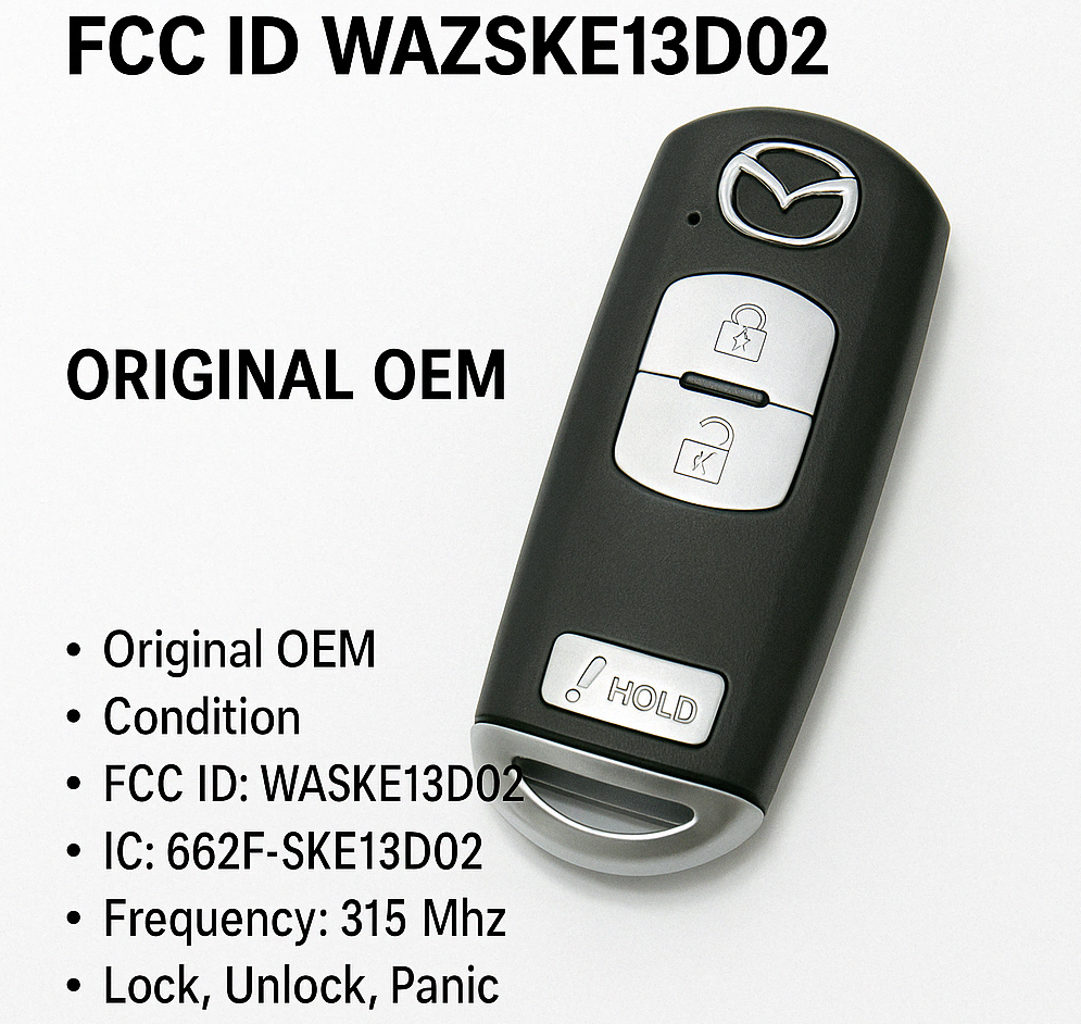 2012, 2020 Mazda 3-Button Smart Key Remote, FCC ID: WAZSKE13D02 / OEM Part Number KDY3-67-5DY, 315 MHz