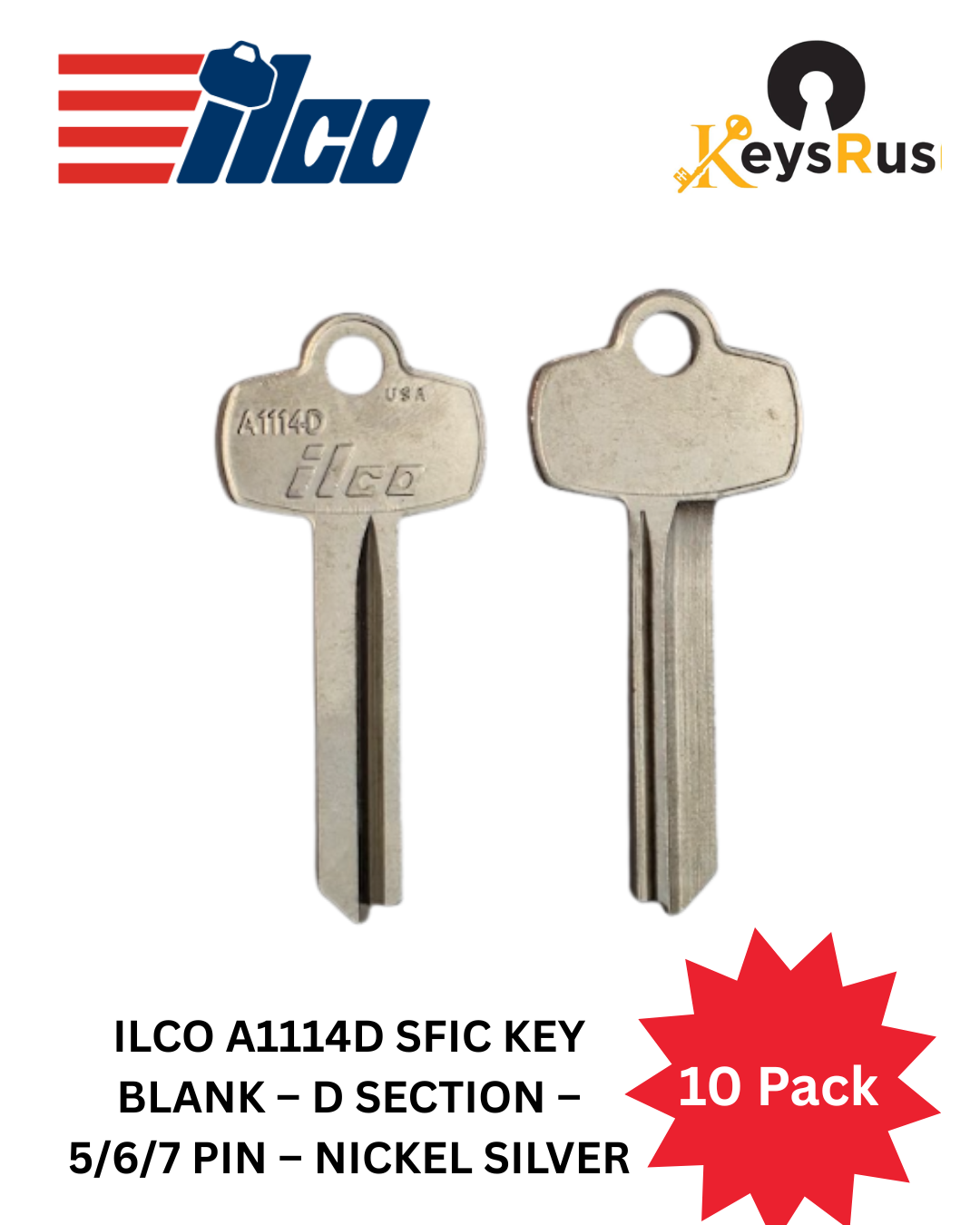 ILCO A1114D SFIC Key Blank, D Section, 5/6/7 Pin, 10 pack, For Best Type Interchangeable Cores, Nickel Silver