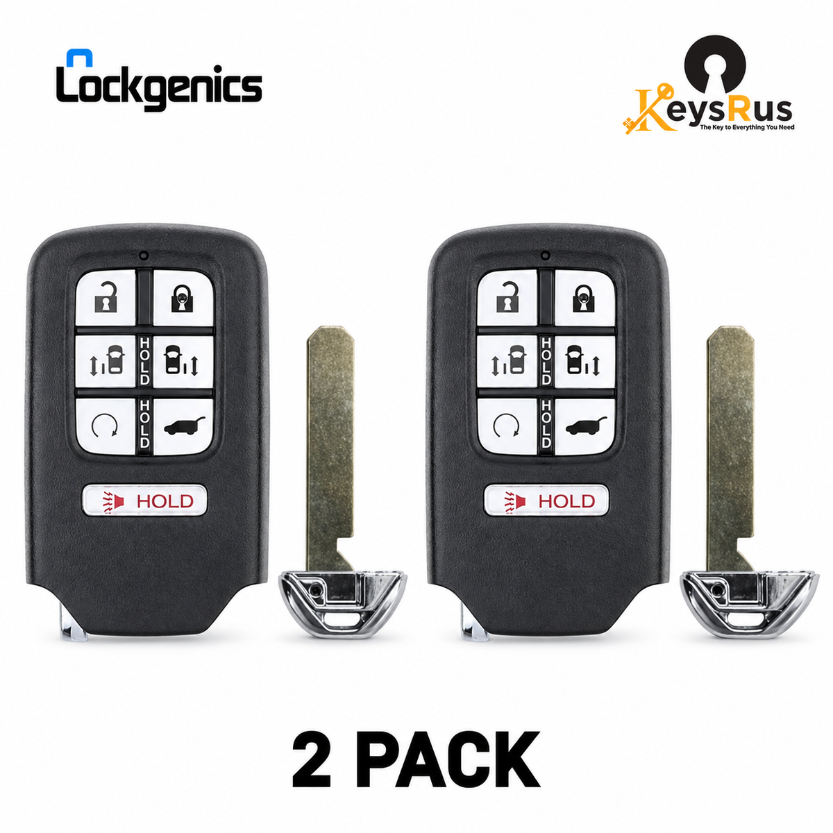 LockGenics Honda Odyssey KR5V2X 7-button aftermarket smart keys — 2 pack with two emergency keys, Keys R Us