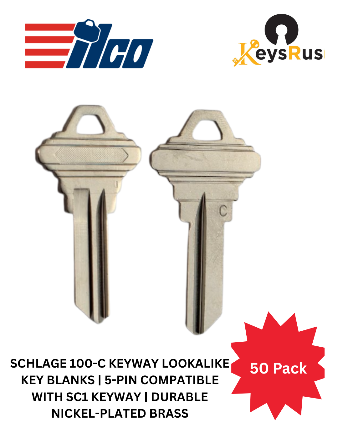 100-C Key Blank – Nickel Silver – No Markings – 50-Pack – Ilco