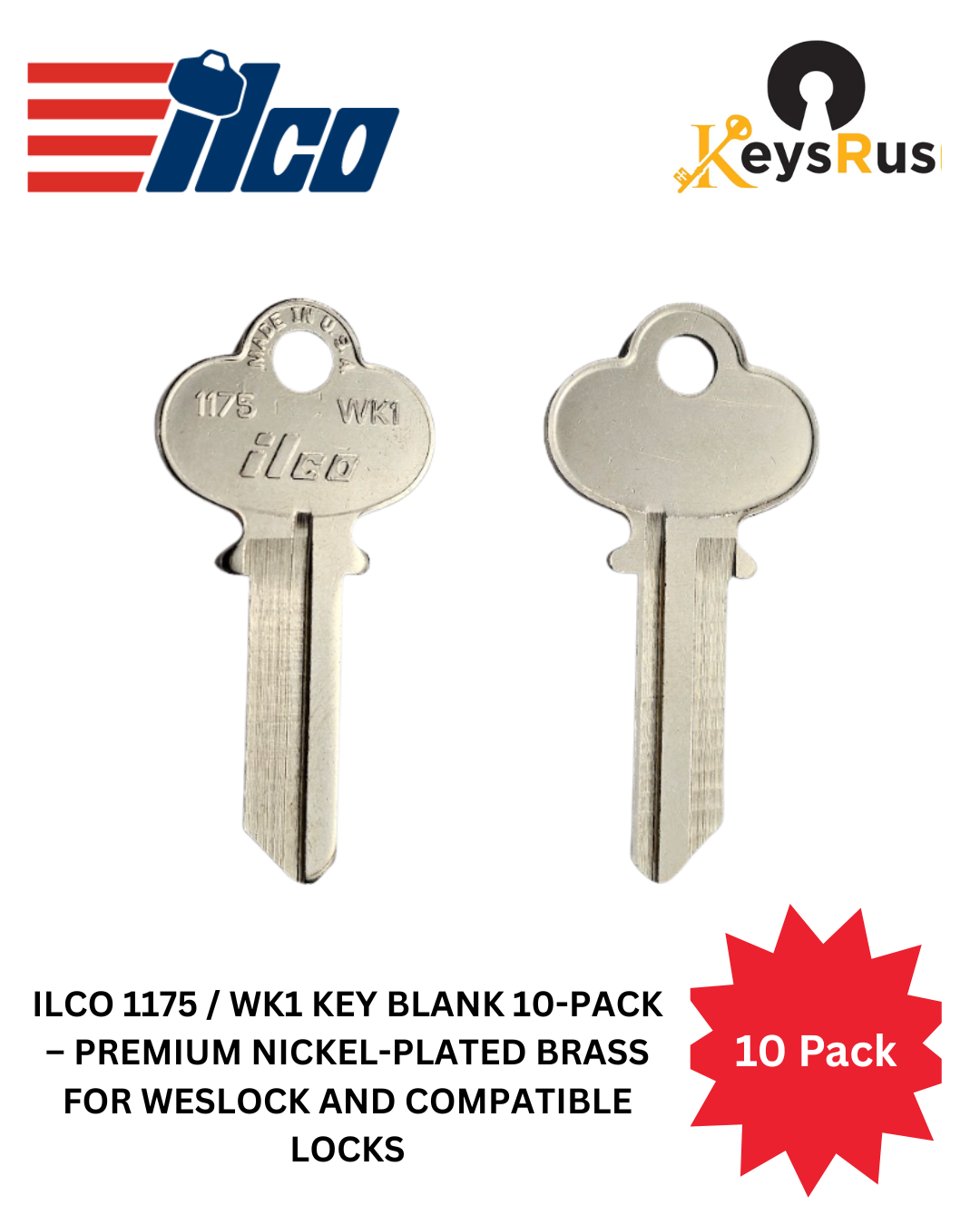 Ilco 1175 / WK1 Key Blank 10-Pack – Premium Nickel-Plated Brass for Weslock and Compatible Locks