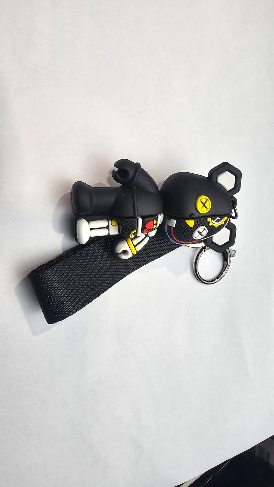 Black Cyber Bear Keychain with Strap, 3D Rubber Key Ring Accessory, Streetwear-Inspired Character Design