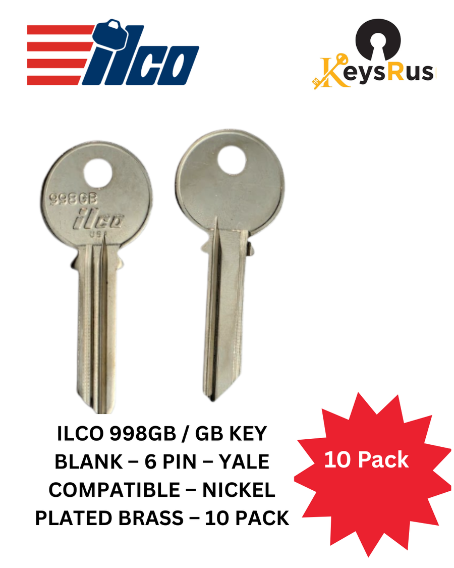 ILCO 998GB / GB Key Blank, 6 Pin, Yale Compatible, Nickel Plated Brass, 10 Pack