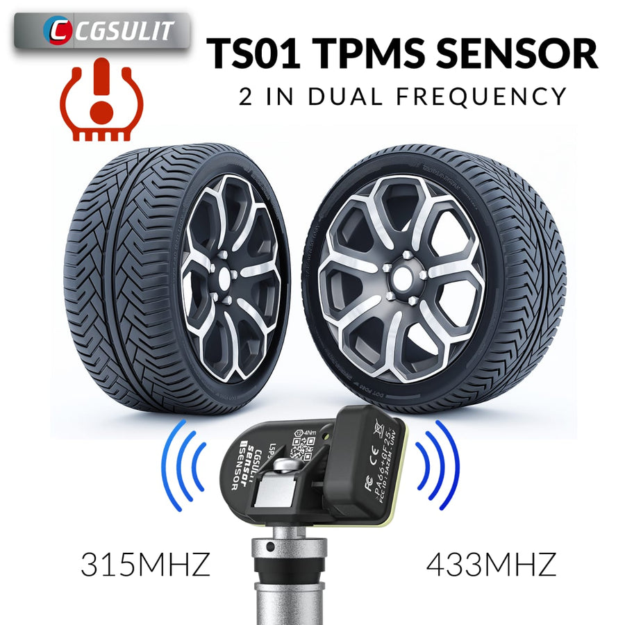 CGSULIT TS01, Universal Programmable TPMS Sensor, 315/433 MHz, Cloneable, Metal Silver & Rubber Valve, 98% Vehicle Coverage
