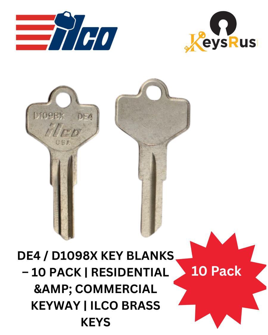 DE4 / D1098X Key Blanks, 10 Pack, Residential & Commercial Keyway, ILCO Brass Keys