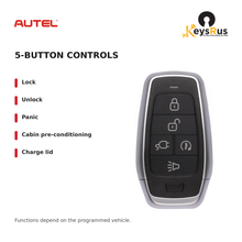 Autel IKEYAT5PCE Standard 5-Button Universal Smart Key — 5-button controls: Lock, Unlock, Panic, Cabin pre-conditioning, Charge lid