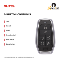 Autel IKEYAT6PRHG Standard 6-Button Universal Smart Key — 6-button controls: Lock, Unlock, Panic, Remote start, Rear hatch, Glass hatch