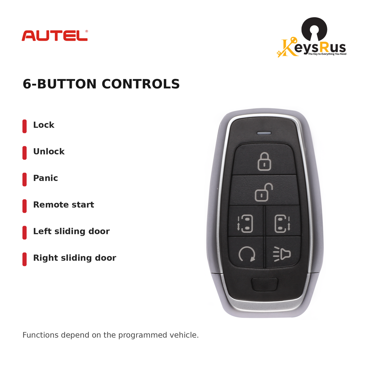 Autel IKEYAT6PRS Standard 6-Button Universal Smart Key — 6-button controls: Lock, Unlock, Panic, Remote start, Left sliding door, Right sliding door