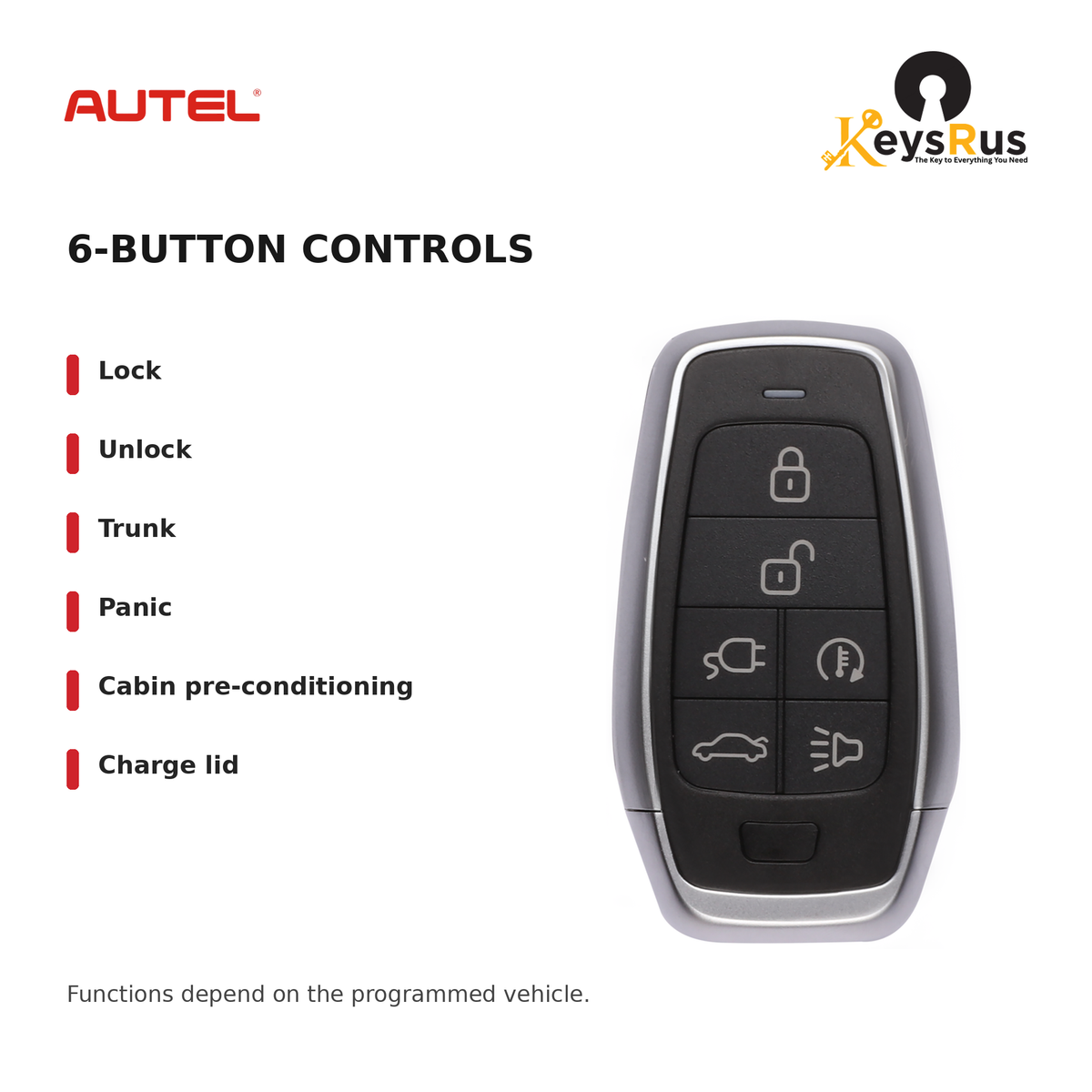 Autel IKEYAT6TPCE Standard 6-Button Universal Smart Key — 6-button controls: Lock, Unlock, Trunk, Panic, Cabin pre-conditioning, Charge lid