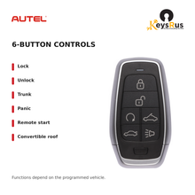 Autel IKEYAT6TPRV Standard 6-Button Universal Smart Key — 6-button controls: Lock, Unlock, Trunk, Panic, Remote start, Convertible roof