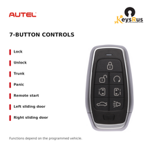 Autel IKEYAT7TPRS Standard 7-Button Universal Smart Key — 7-button controls: Lock, Unlock, Trunk, Panic, Remote start, Left sliding door, Right sliding door