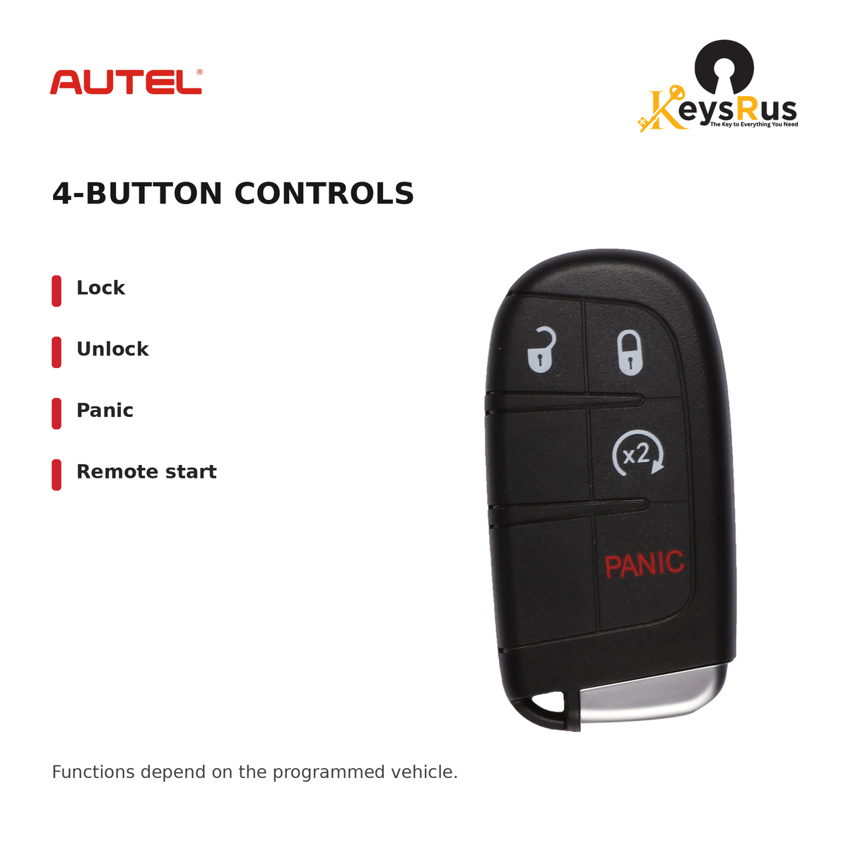 Autel IKEYCR4PR Chrysler / Dodge 4-Button Universal Smart Key — 4-button controls: Lock, Unlock, Panic, Remote start