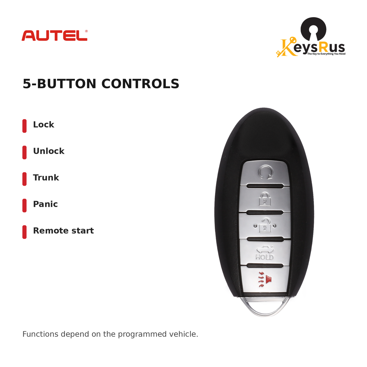 Autel IKEYNS5TPR Nissan Style 5-Button Universal Smart Key — 5-button controls: Lock, Unlock, Trunk, Panic, Remote start