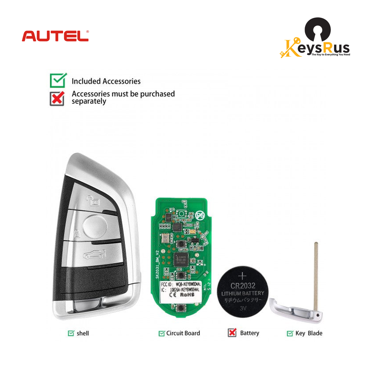 Autel BW003AL BMW Razor Style 3-Button Universal Smart Key — key construction and components