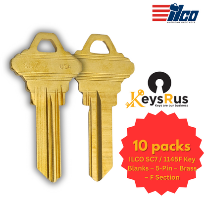 ILCO SC7 / 1145F Key Blanks – 5-Pin – Brass – F Section – 10 Pack – Uncut for Schlage Locks