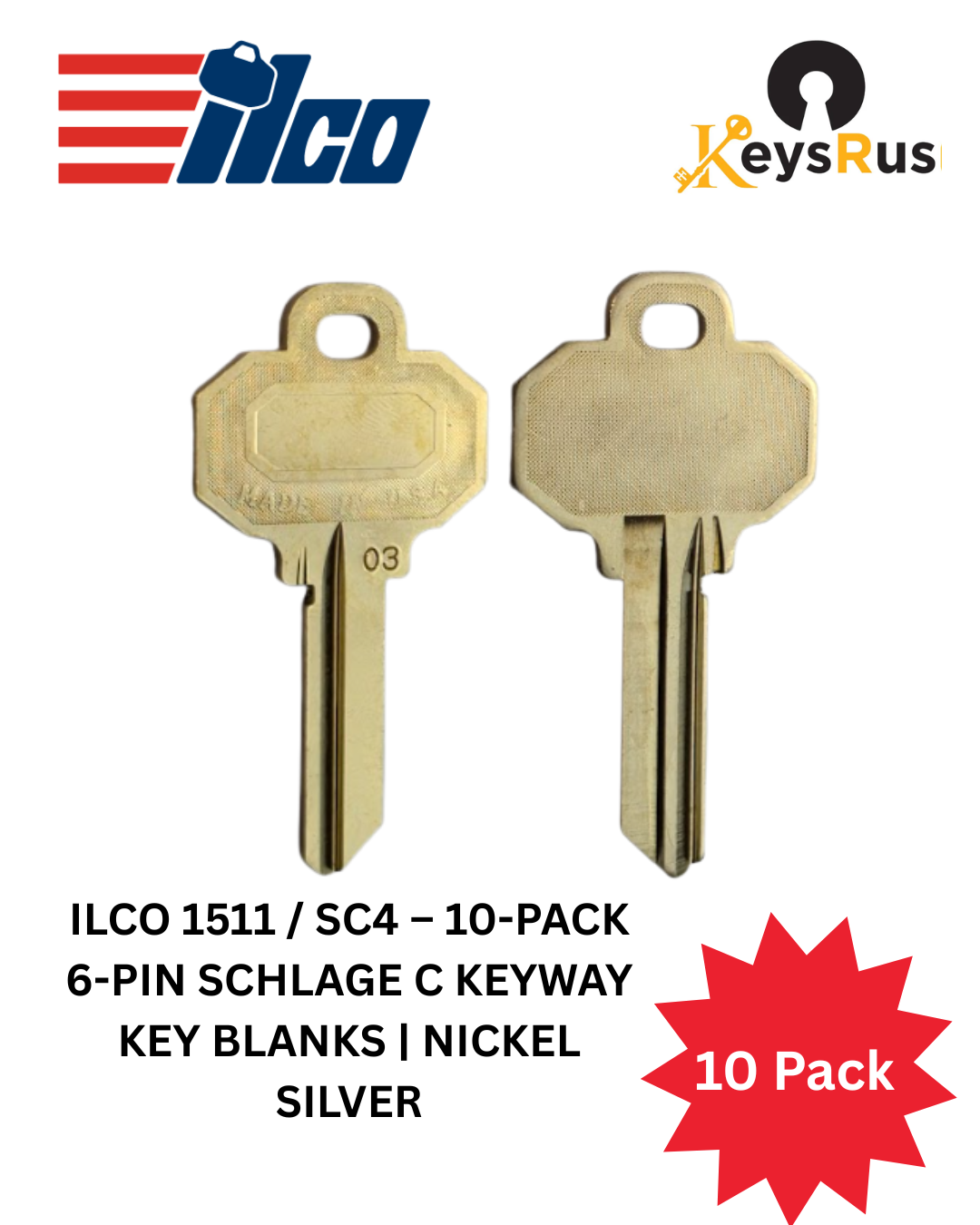 Ilco 1511 / SC4 – 10-Pack 6-Pin Schlage C Keyway Key Blanks | Nickel Silver | Compatible with Baldwin &amp; Schlage Locks