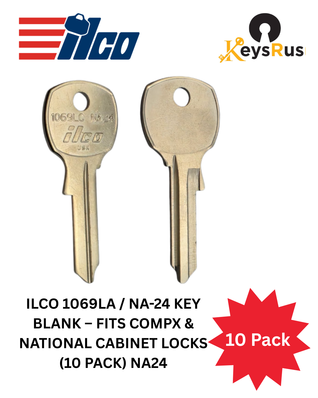ILCO 1069LA / NA-24 Key Blank, Fits CompX & National Cabinet Locks (10 Pack) NA24