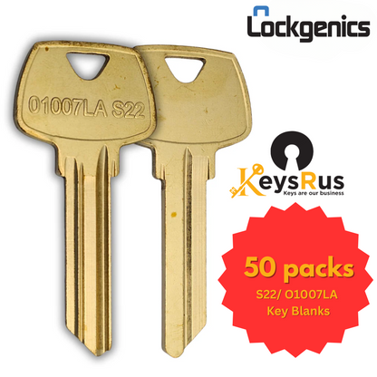 S22 Lockgenics Key Blanks – 50 Pack – 6-Pin Nickel-Plated Blanks for Sargent LA Keyway Systems