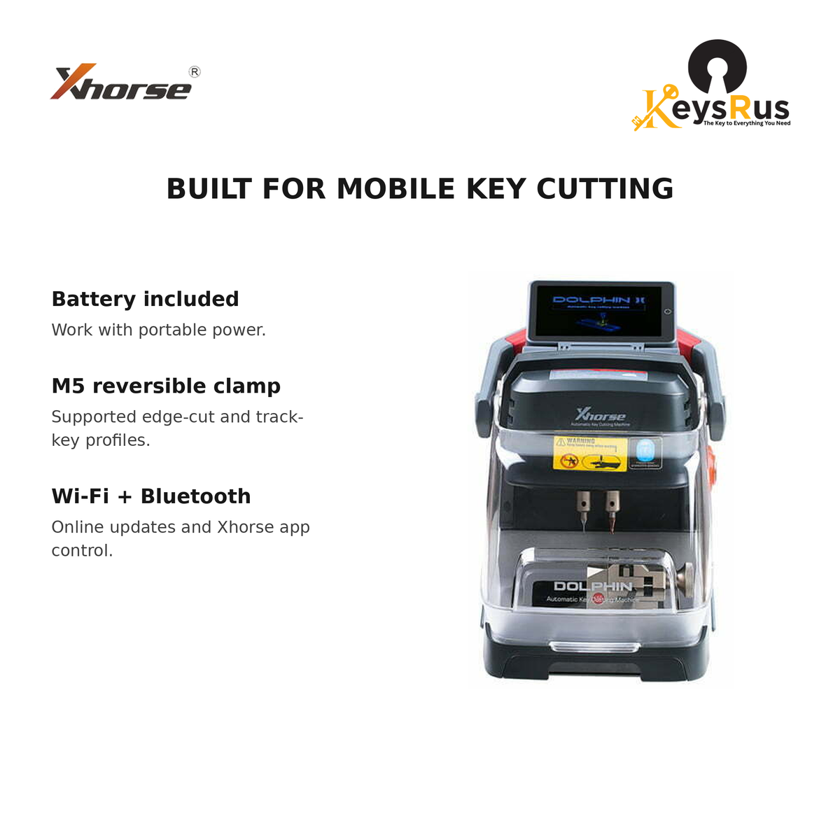 Xhorse Dolphin II XP-005L Automatic Key Cutting Machine with Battery — battery, M5 clamp and connectivity features