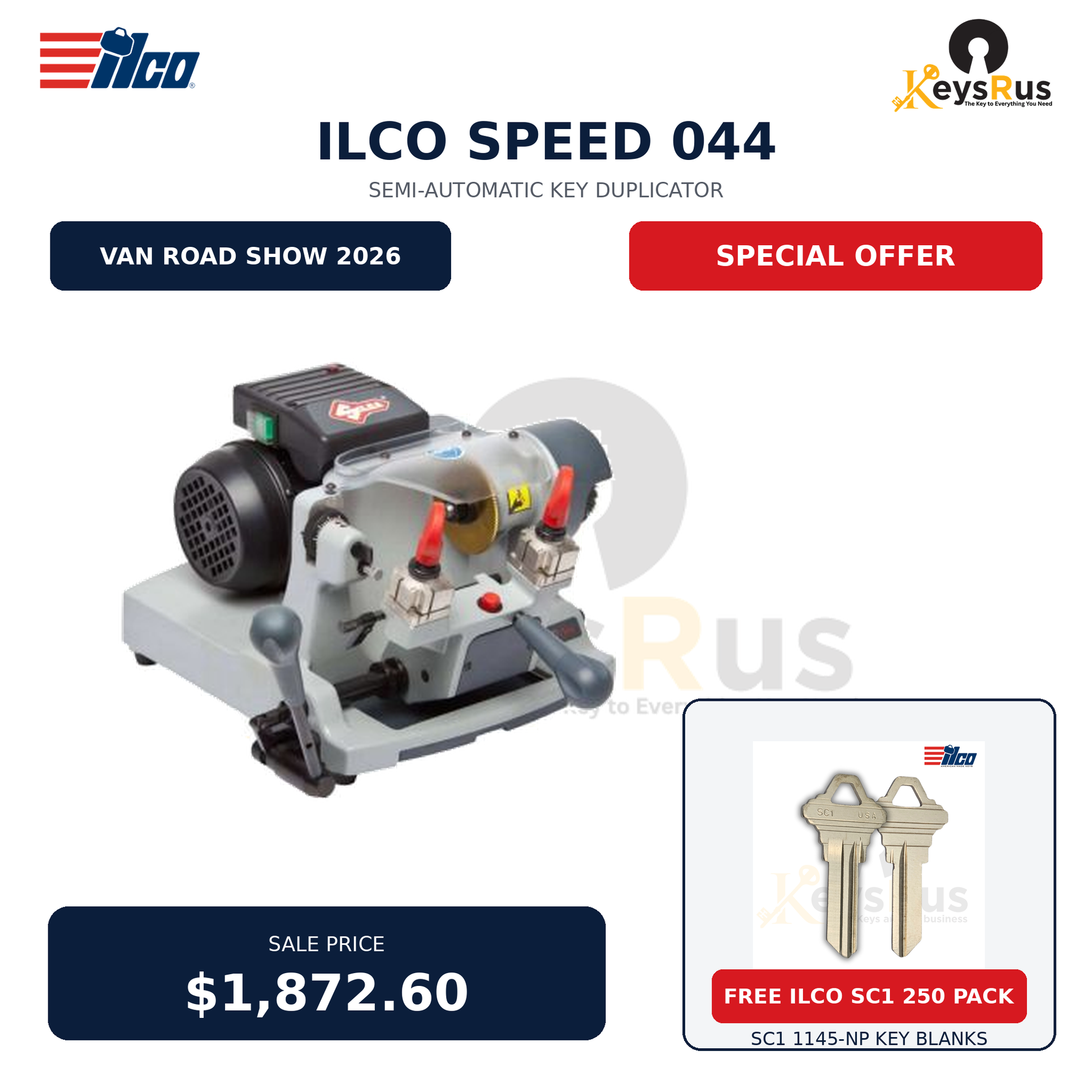 ILCO Speed 044 semi-automatic key duplicator Van Road Show deal with free ILCO SC1 1145-NP 250-pack