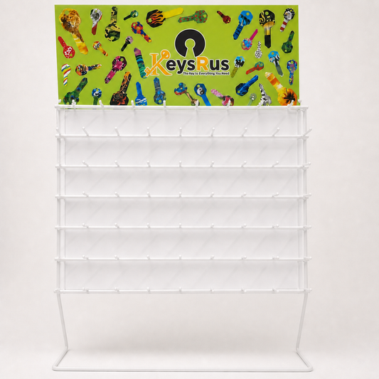Keys R Us branded 68-hook key blank display rack included in the beginner key-cutting package