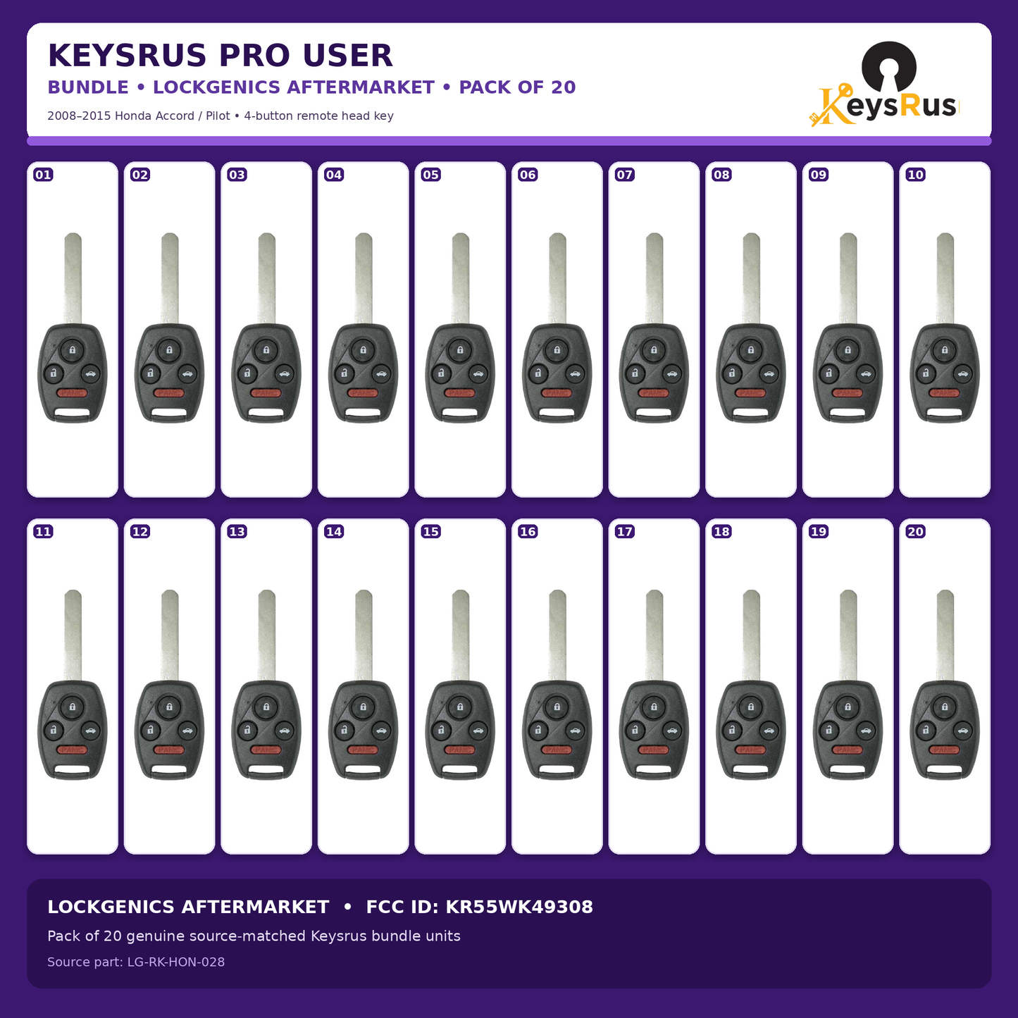 Keysrus Pro User Bundle pack of 20 LockGenics aftermarket 2008–2015 Honda Accord Pilot 4-button remote head keys, FCC ID KR55WK49308
